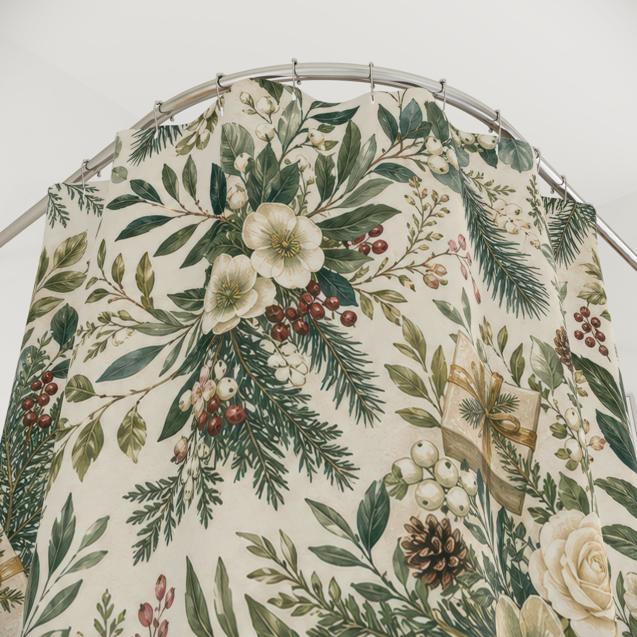 Christmas Gift Shower Curtain, Green Floral Bath Decor, White Rose Pine Present Pattern, Farmhouse Holiday Guest Bathroom Decor Style