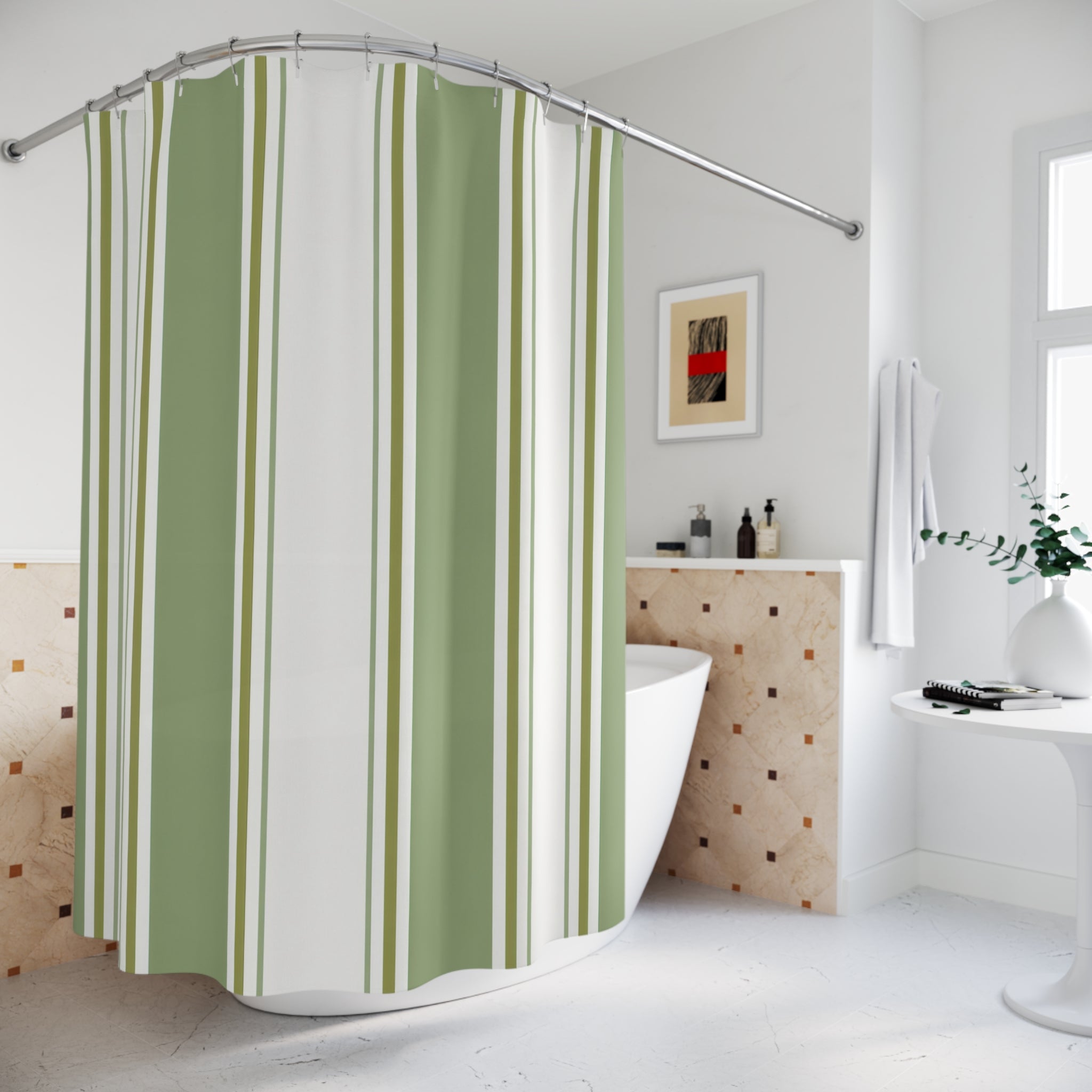 Sage Green White Panel Stripe Shower Curtain