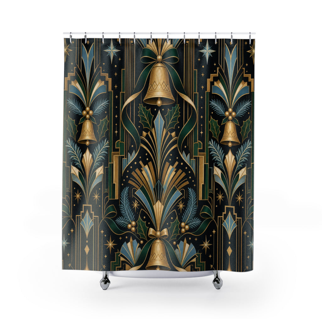 Art Deco Christmas Shower Curtain, Emerald Gold Bell Holiday Pattern, Black Icy Blue Winter Bathroom Decor, Glamorous Guest Bath