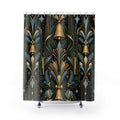 Art Deco Christmas Shower Curtain, Emerald Gold Bell Holiday Pattern, Black Icy Blue Winter Bathroom Decor, Glamorous Guest Bath