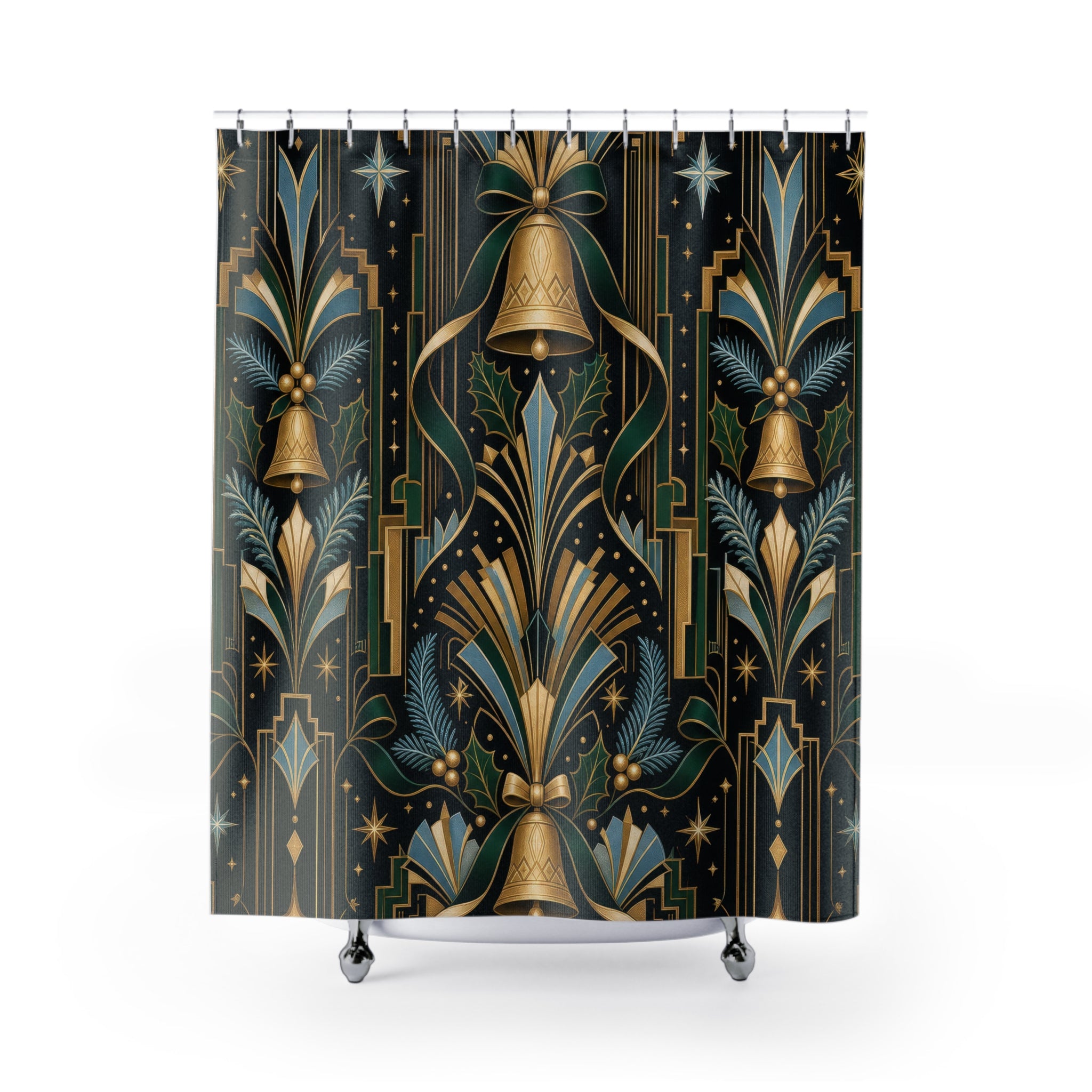 Art Deco Christmas Shower Curtain, Emerald Gold Bell Holiday Pattern, Black Icy Blue Winter Bathroom Decor, Glamorous Guest Bath