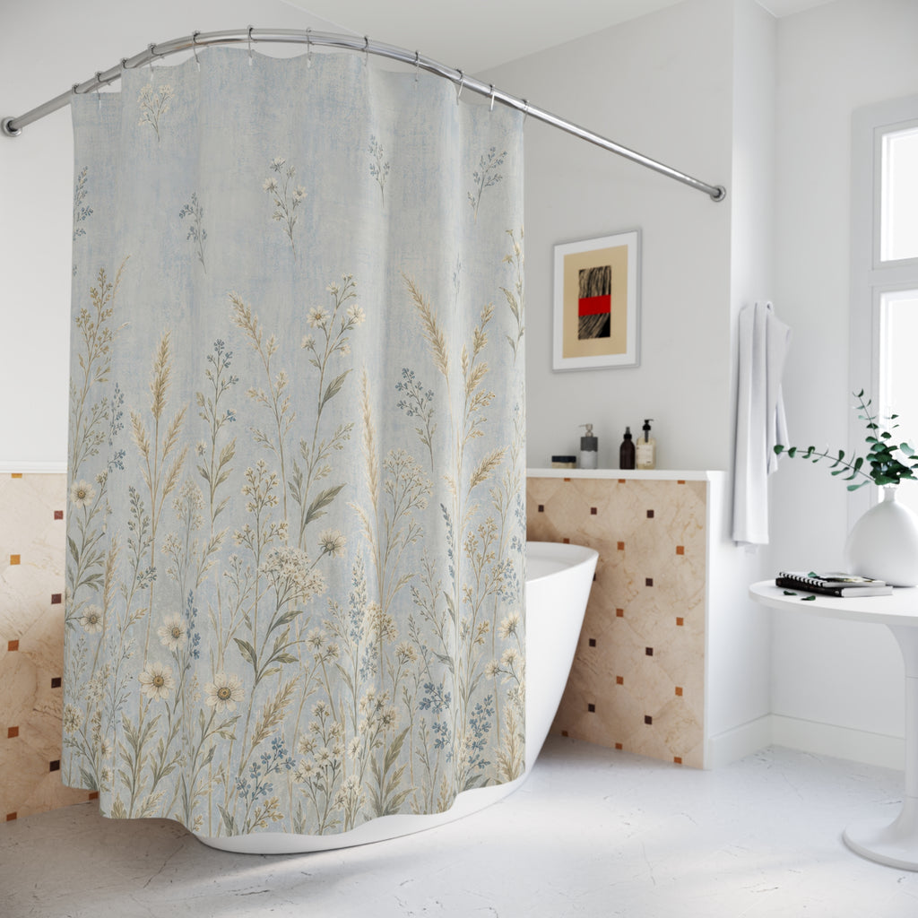 Pale Meadow Floral Blue Shower Curtain