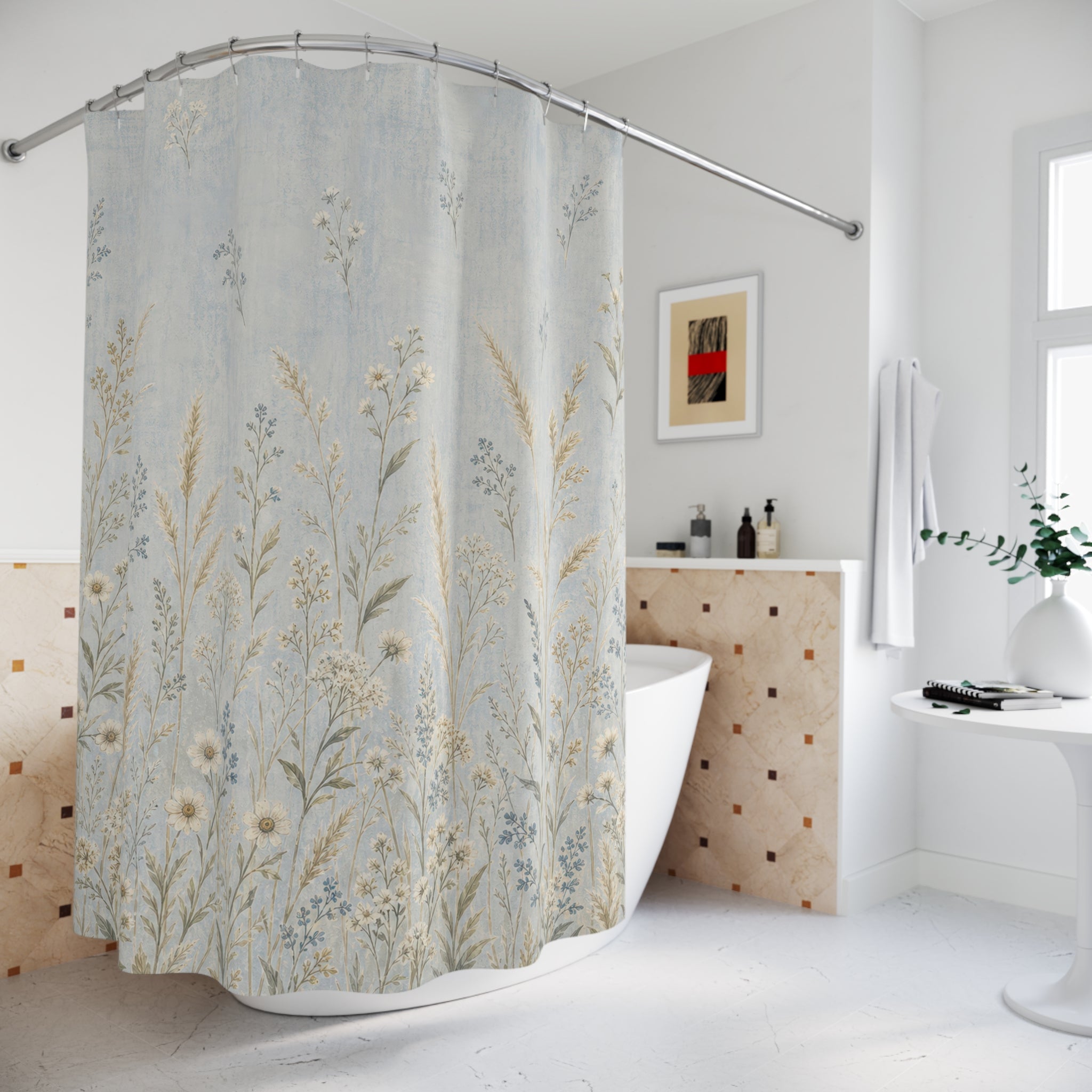 Pale Meadow Floral Blue Shower Curtain