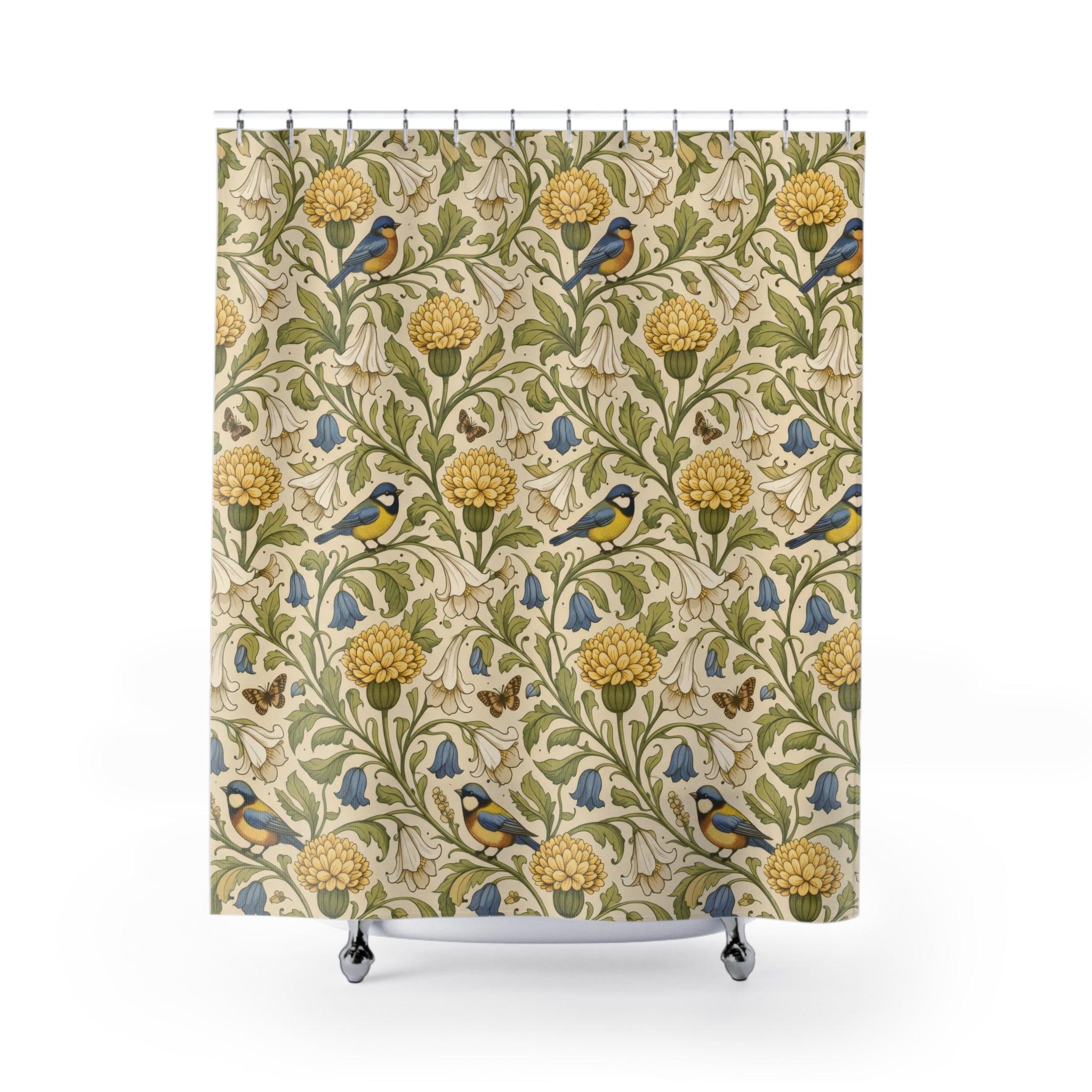 William Morris Floral Shower Curtain – Green Gold Bird