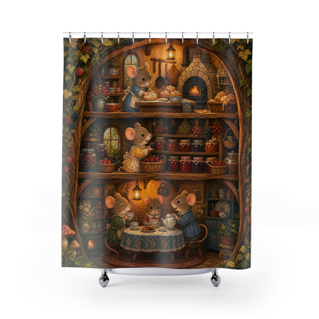 Woodland mice baking bread and sharing tea in a rustic pantry shower curtain, full front view