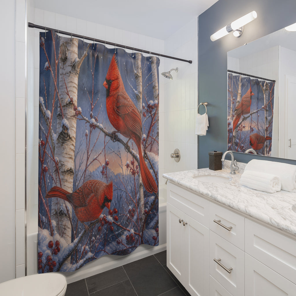 Two cardinals among snowy birches shower curtain beside a white vanity