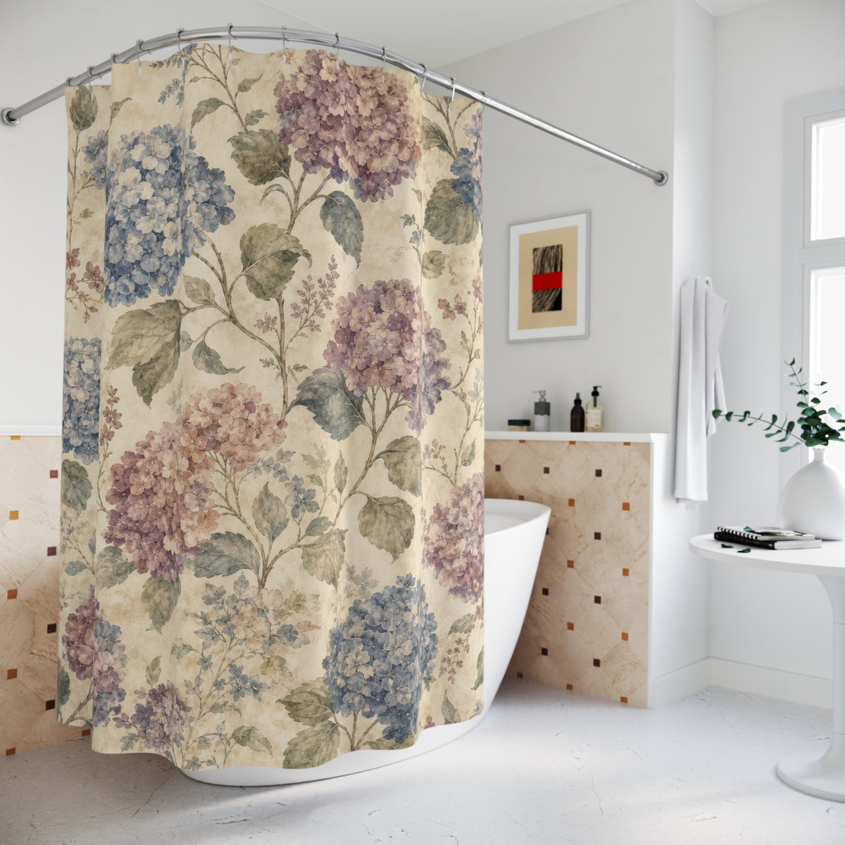 Blue Pink Vintage Floral hydrangea shower curtain beside a freestanding tub