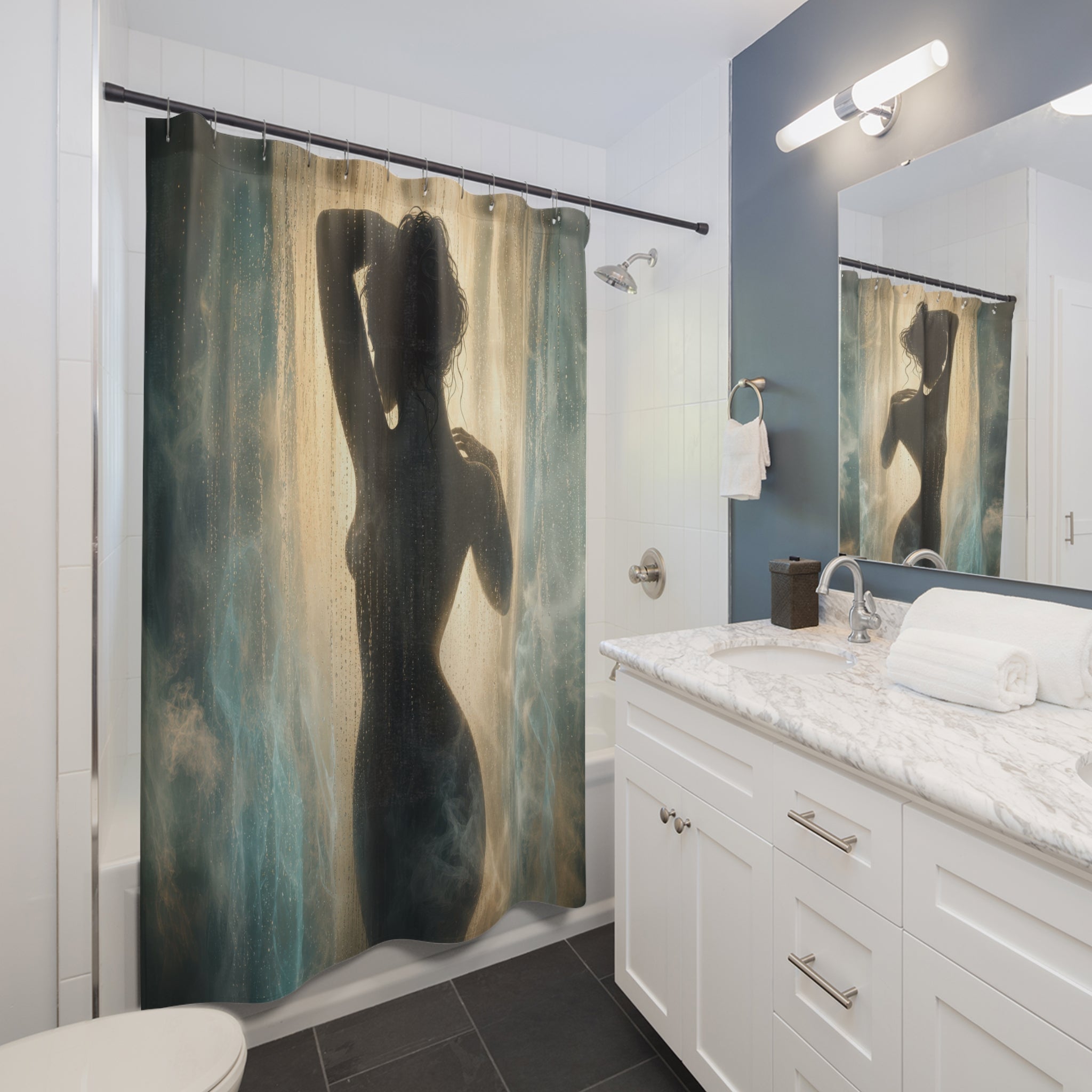 Unique Silhouette Shower Curtain, Blue Rain Light Figure Art, Moody Teal Gold Bathroom Decor, Dramatic Spa Wall Guest Bath Gift For Home