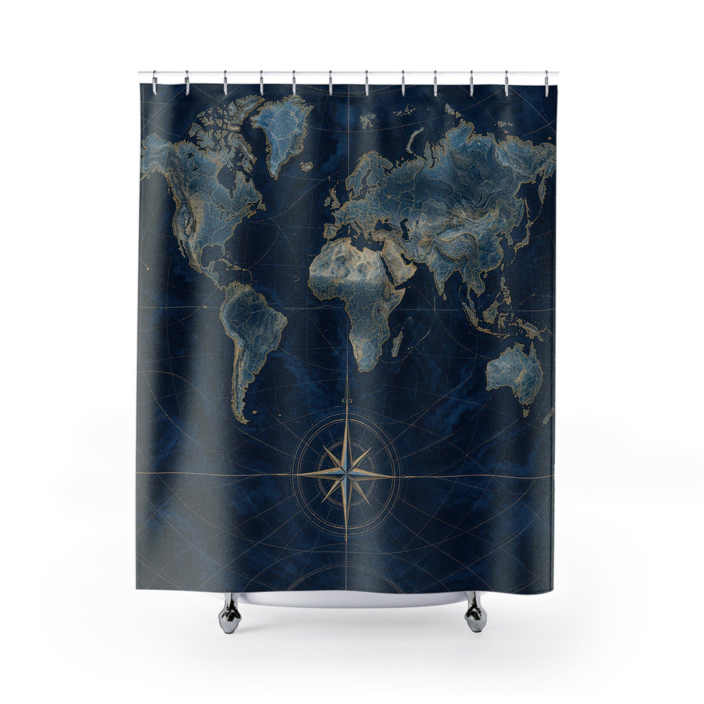 Navy world map with gold-toned compass and coastlines shower curtain with full front view