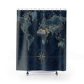 Navy world map with gold-toned compass and coastlines shower curtain with full front view
