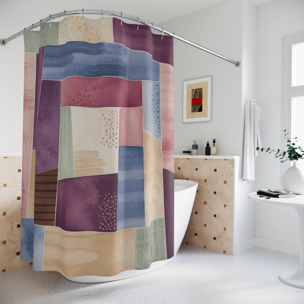 Watercolor patchwork broken frames shower curtain beside a freestanding tub