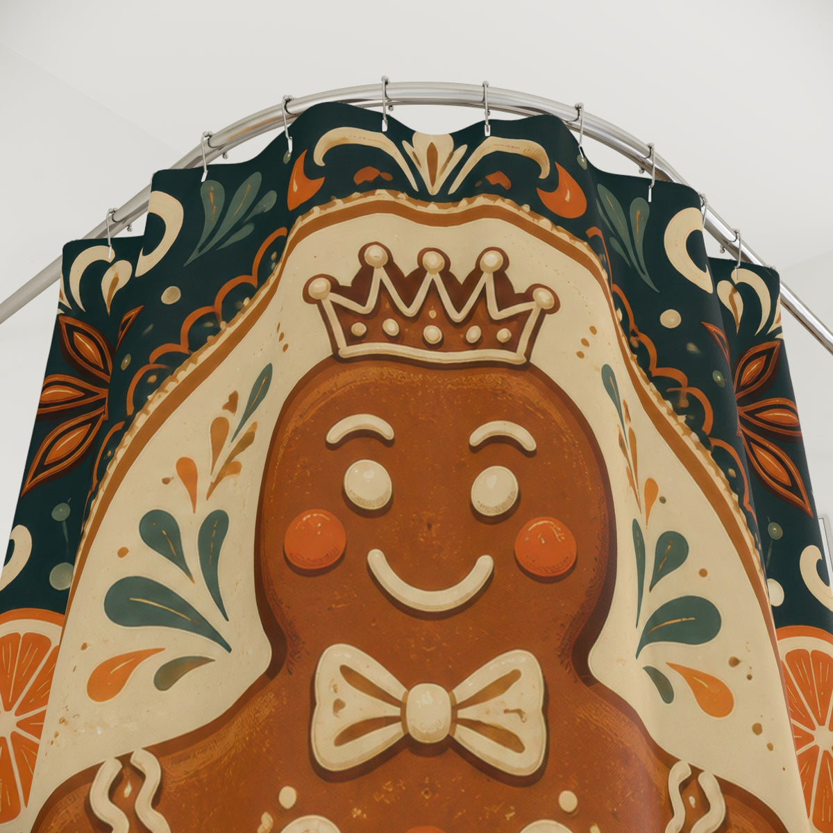 Crowned gingerbread cookie in a folk art medallion shower curtain with close-up print, hooks, and folds