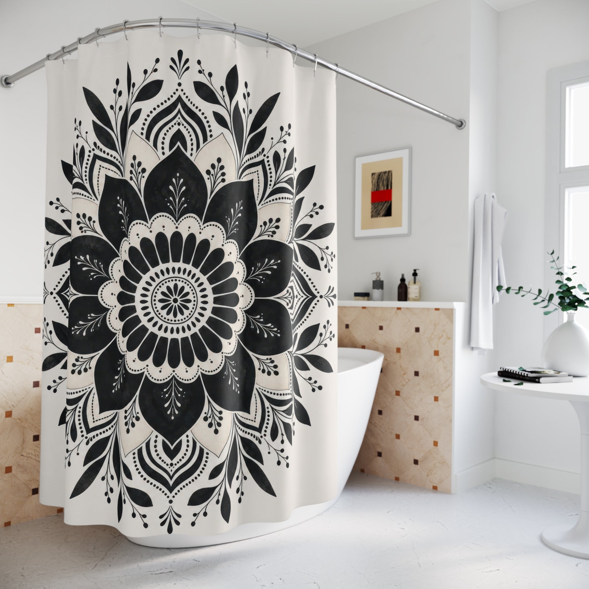 White Floral Medallion Shower Curtain