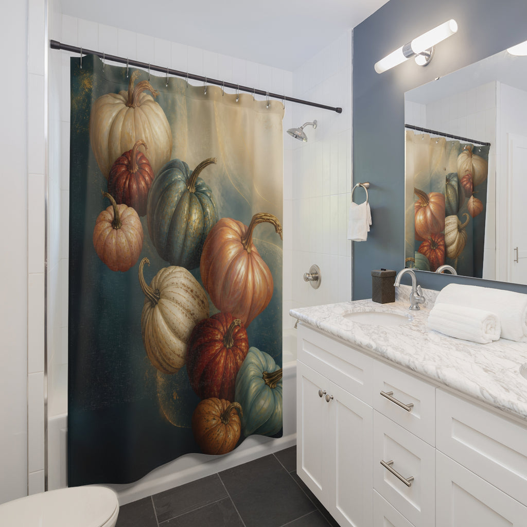 Teal and peach floating pumpkin cascade shower curtain beside a white vanity