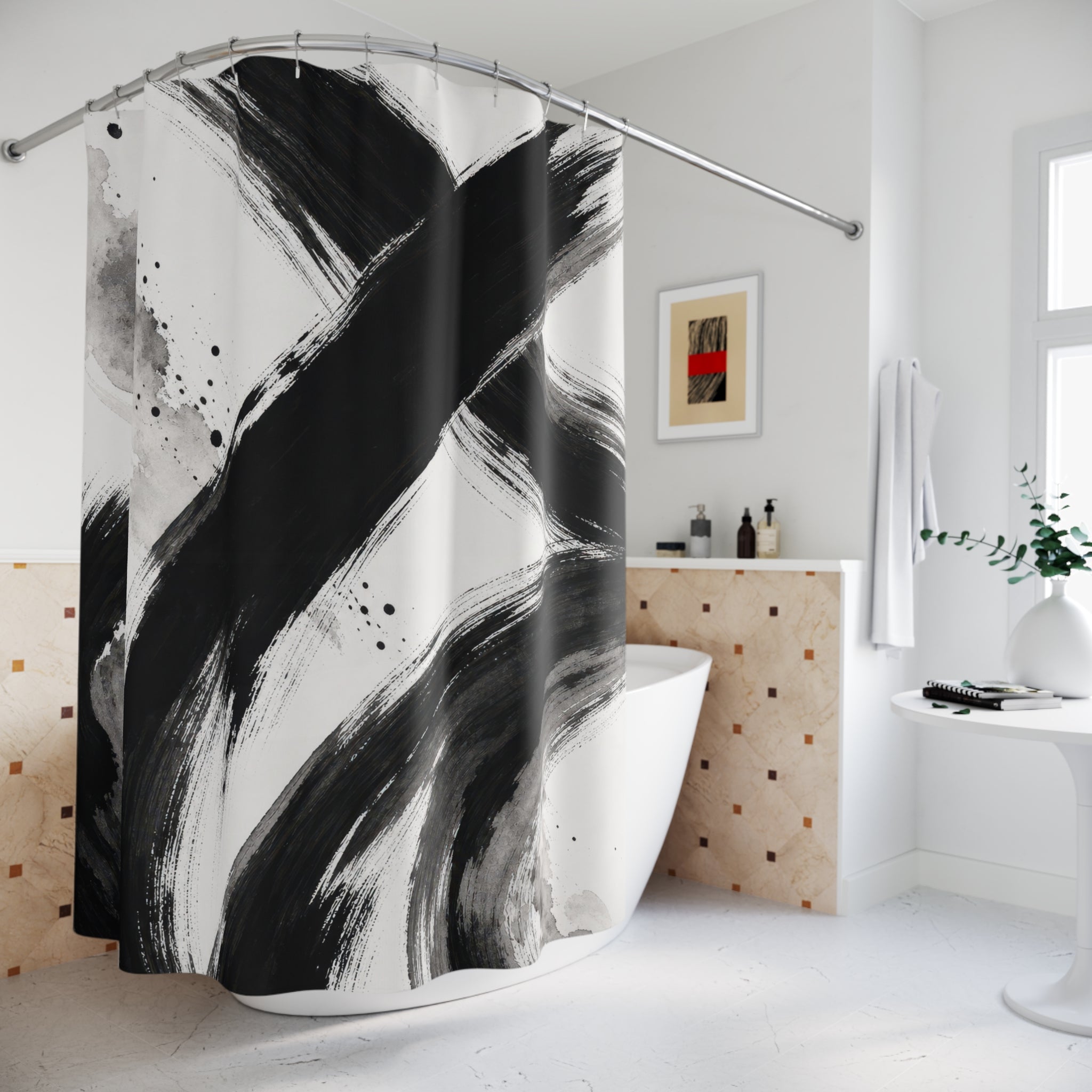 Black White Brushstroke Shower Curtain