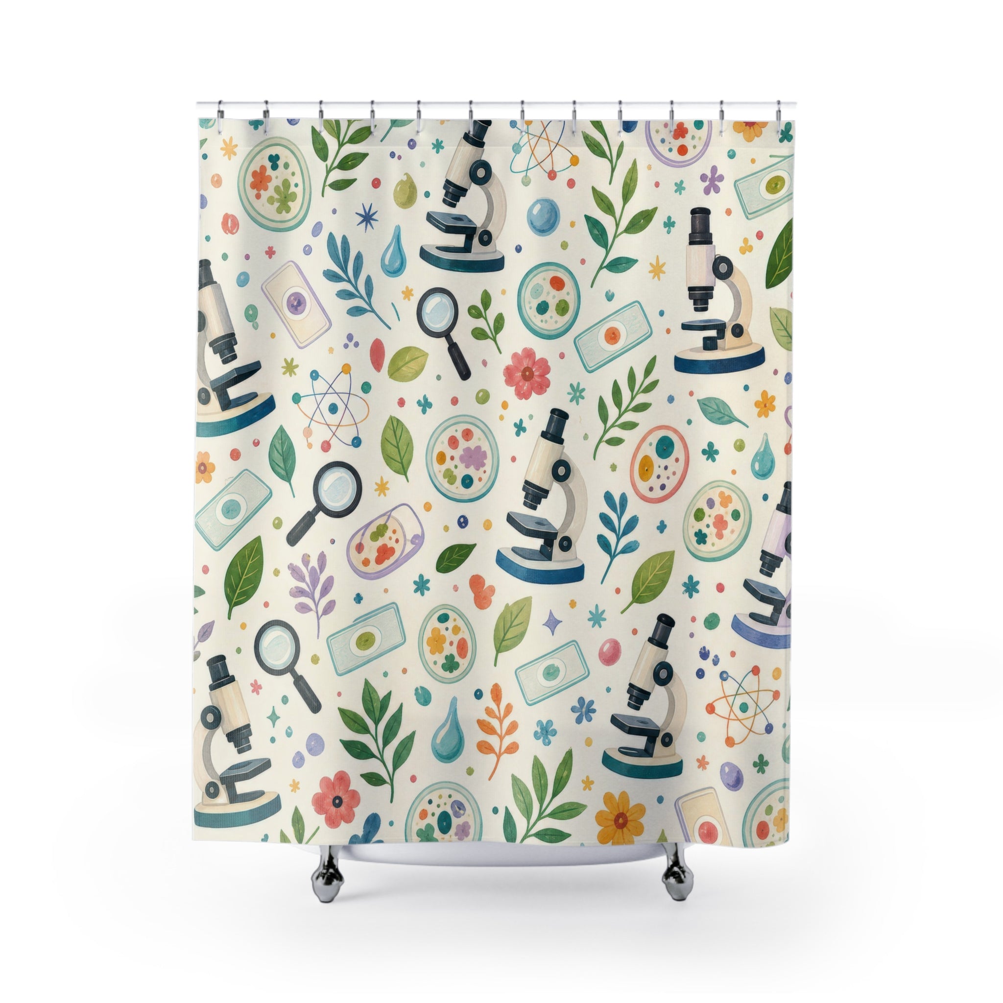 Kids Science Shower Curtain, Microscope Magnifying Glass Pattern, STEM Nature Bathroom Decor, Homeschool Classroom Wall Guest Bath Gift