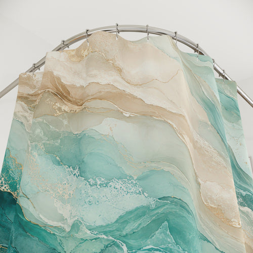 Aqua Beige Abstract Marble Shower Curtain