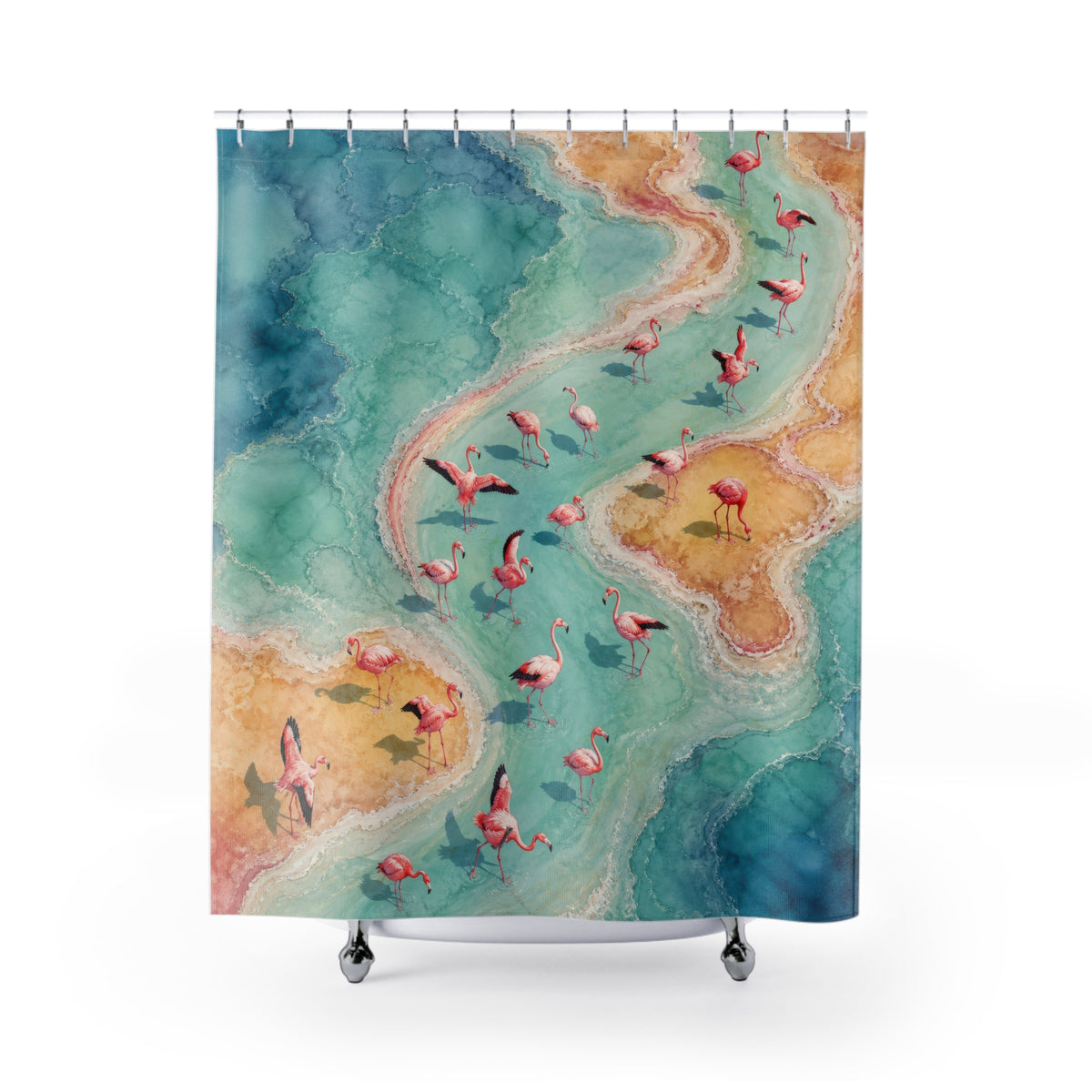 Aerial flamingo flock following an aqua tidal ribbon shower curtain with full front view