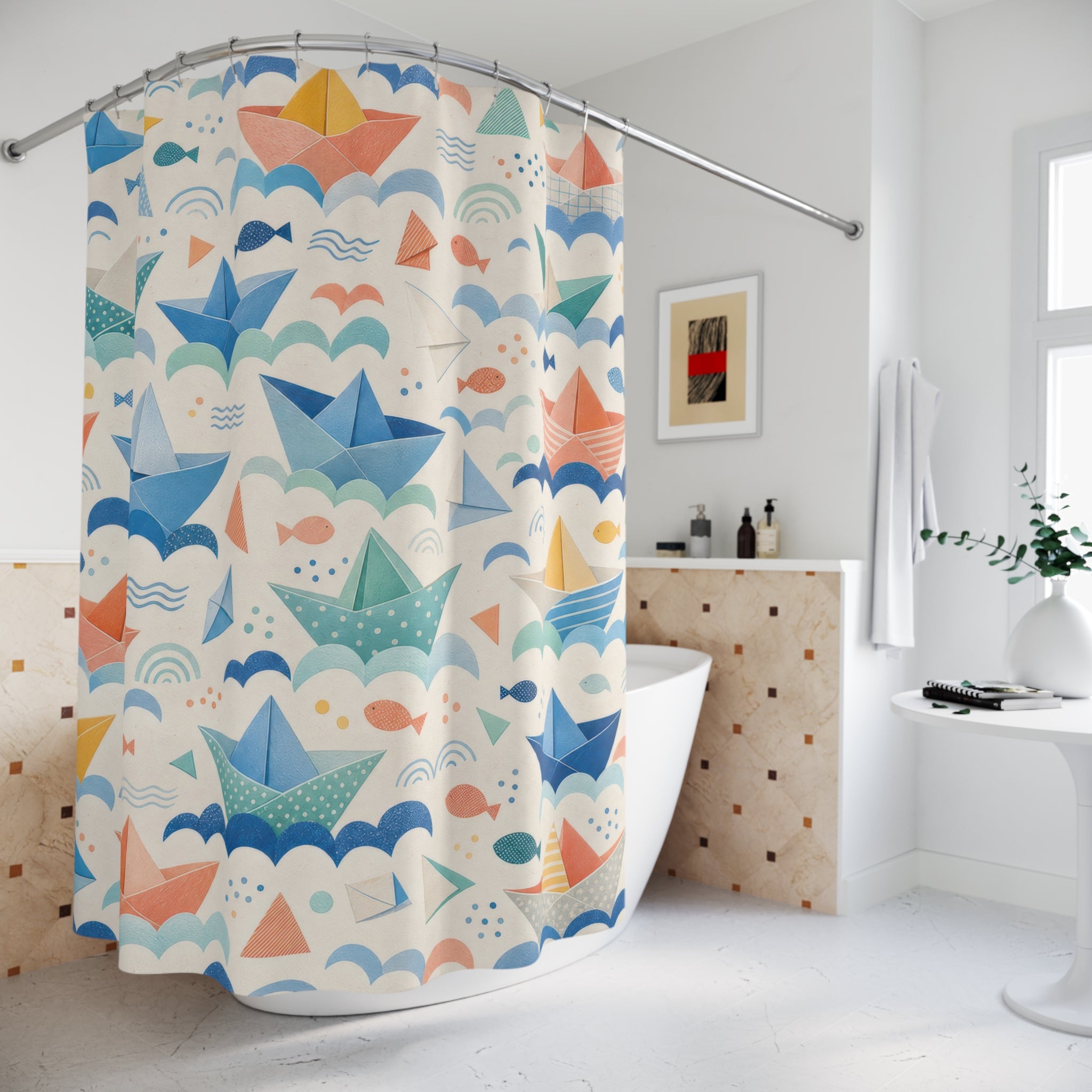 Kids Paper Boat Shower Curtain, Blue Wave Nautical Pattern, Soft Nursery Bathroom Decor, Blue Coastal Wall Decor Guest Bath Wall Gift