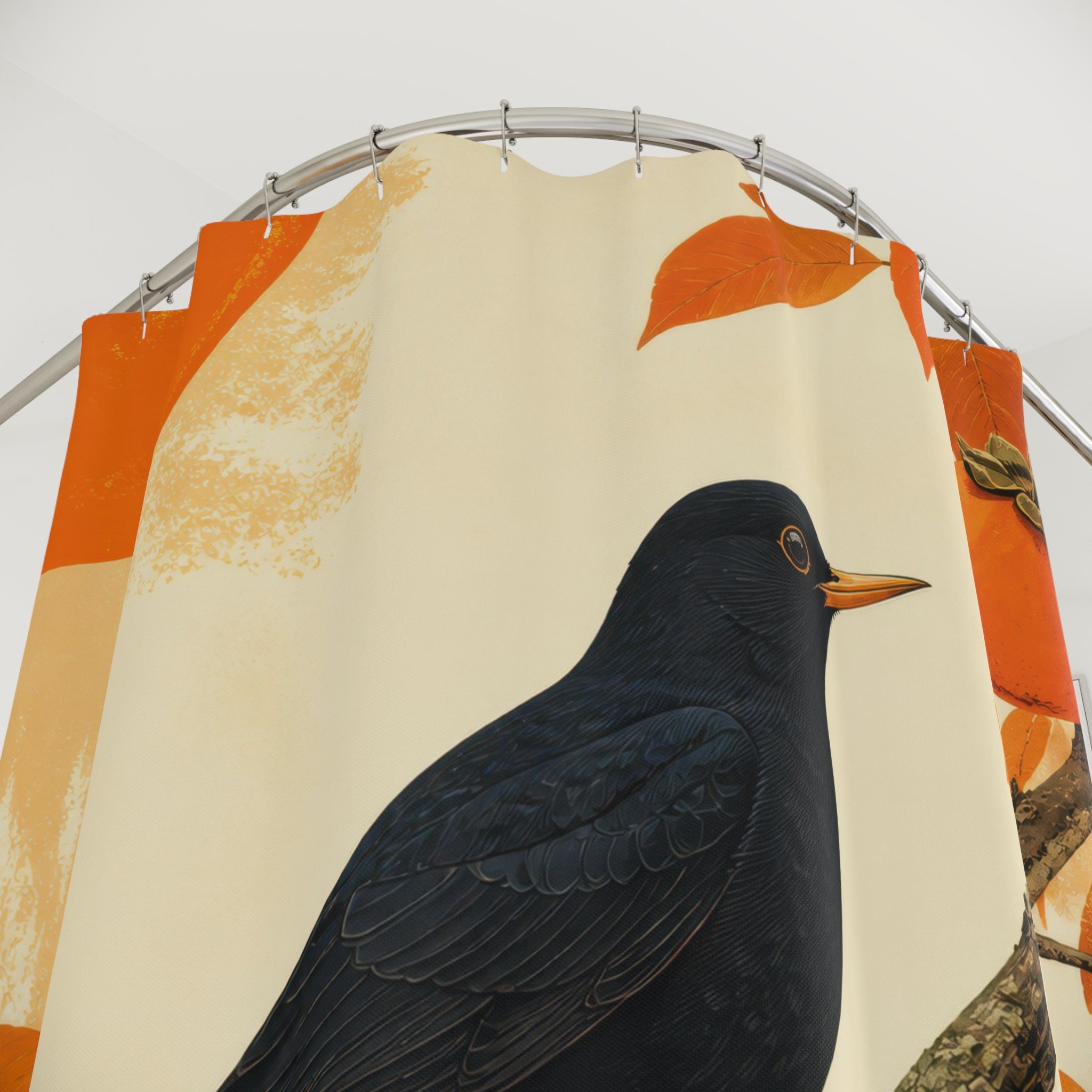 Blackbird perched among orange persimmons and autumn leaves shower curtain with close-up print, hooks, and folds