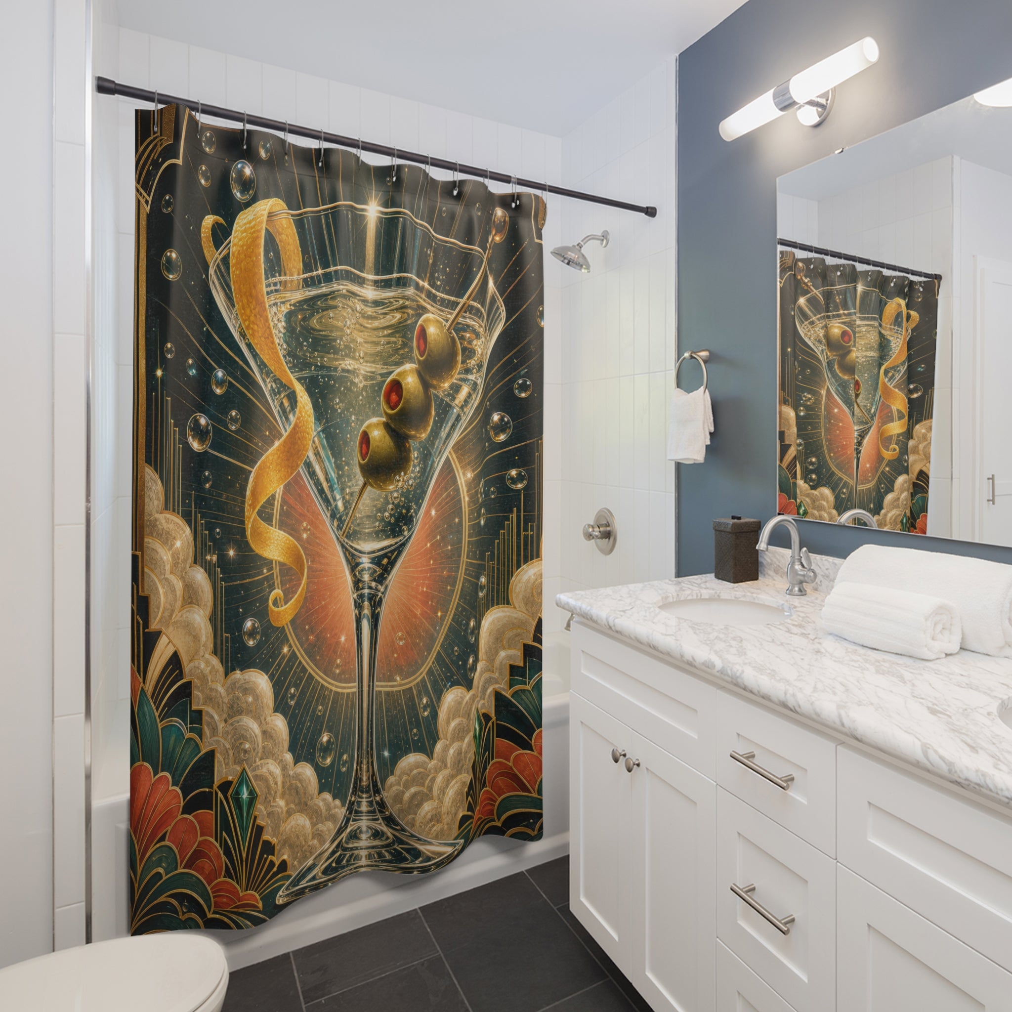 Unique Martini Shower Curtain, Art Deco Cocktail Glass Art, Gold Teal Bar Bathroom Decor, Glam Powder Room Guest Bath Gift For Home