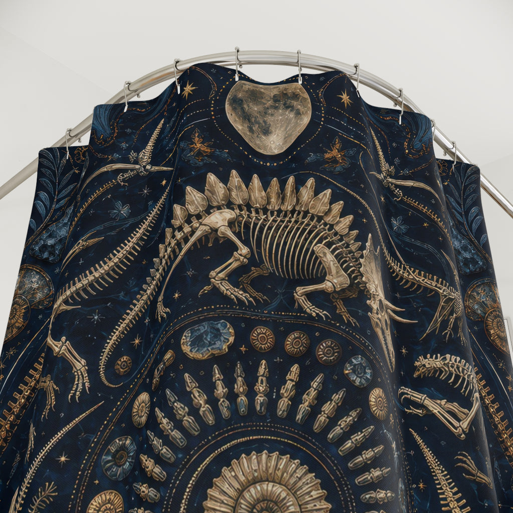 Close-up of Navy gold dinosaur fossil medallion shower curtain with hooks and folds