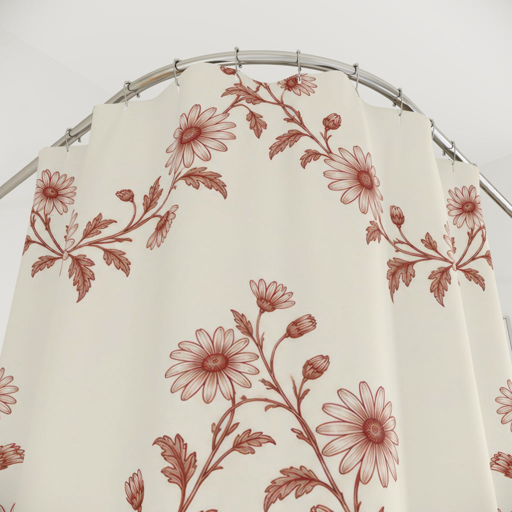 Brick red daisy garlands on ivory shower curtain with close-up print, hooks, and folds