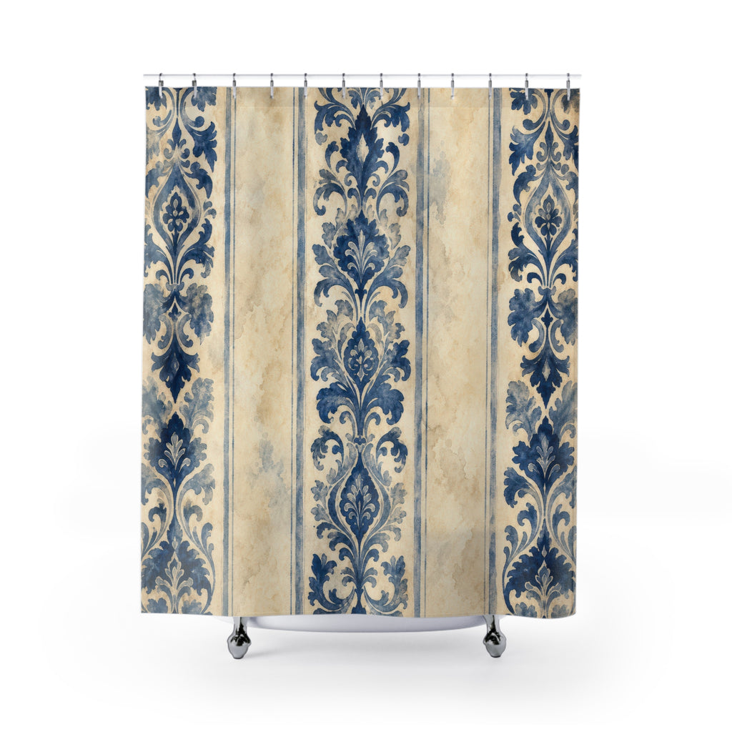 Indigo Watercolor Damask Stripe Shower Curtain