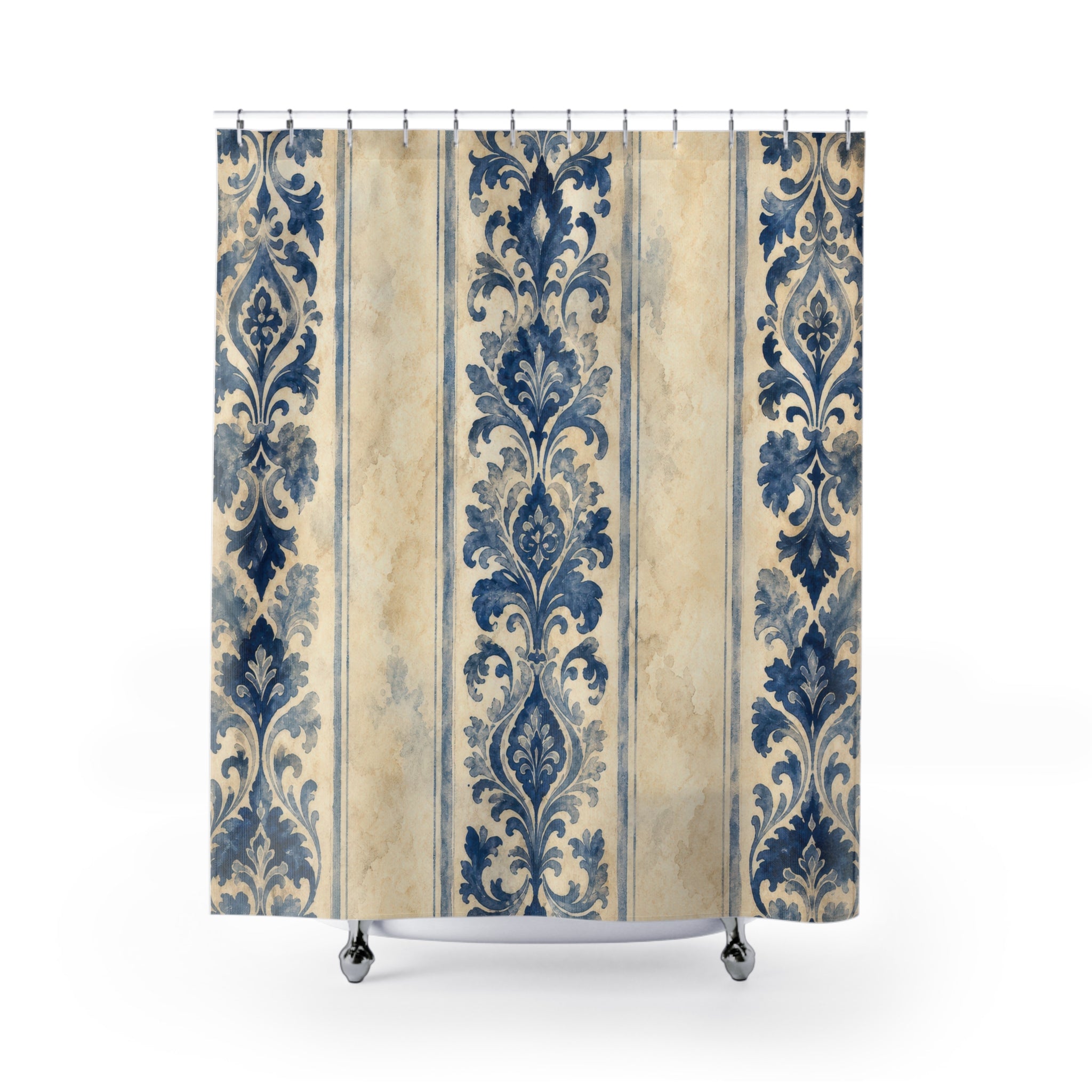 Indigo Watercolor Damask Stripe Shower Curtain