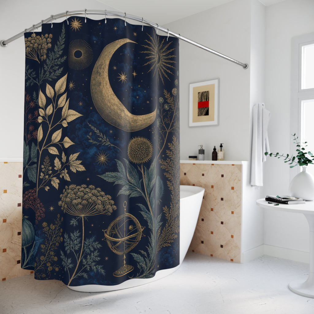 Antique Celestial Herbarium Navy Blue Shower Curtain