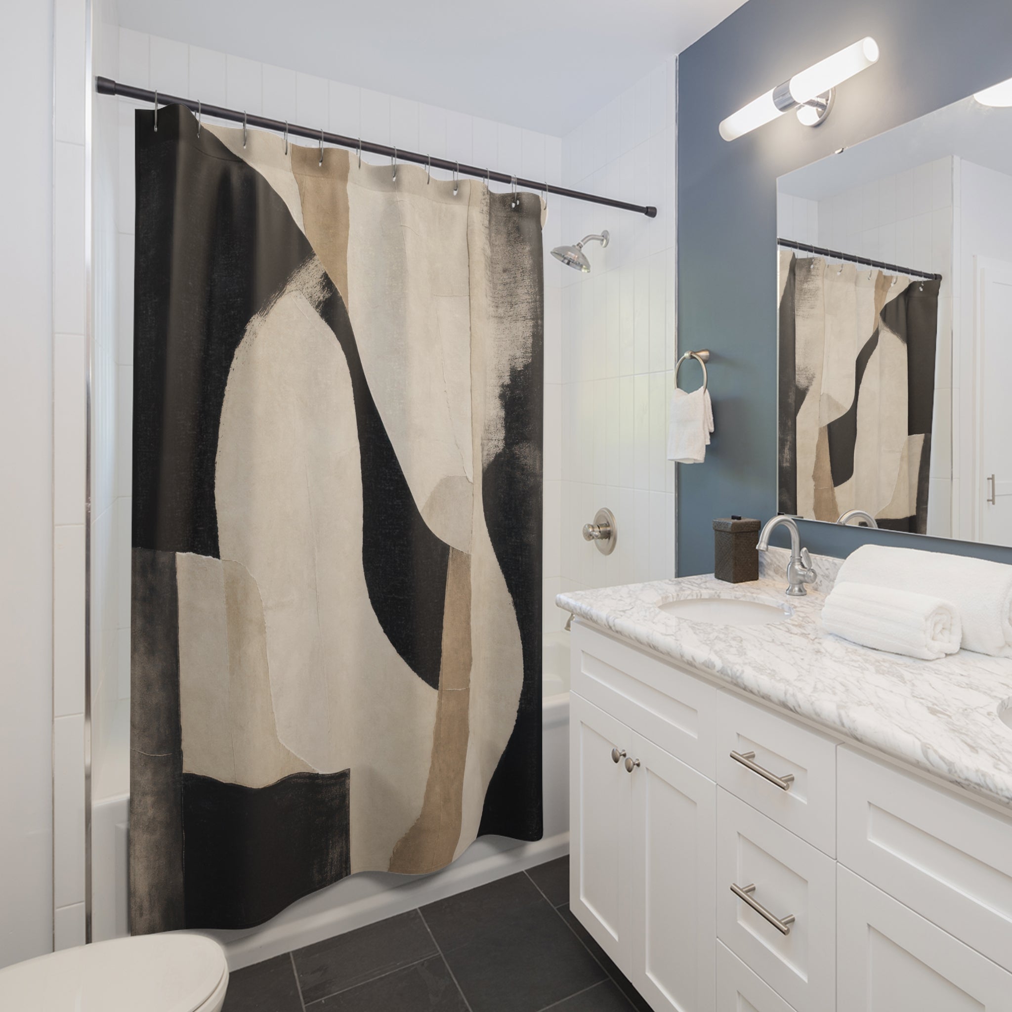 Abstract Modern Black Beige Shower Curtain