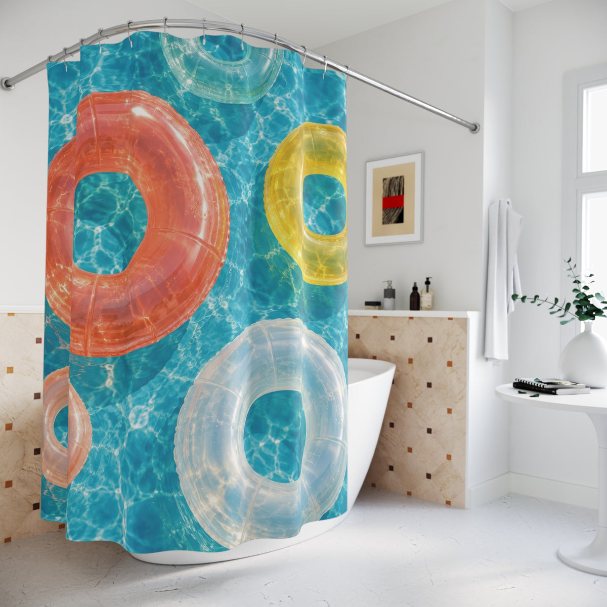 Coral, yellow and white pool floats on sunlit aqua water shower curtain beside a freestanding tub
