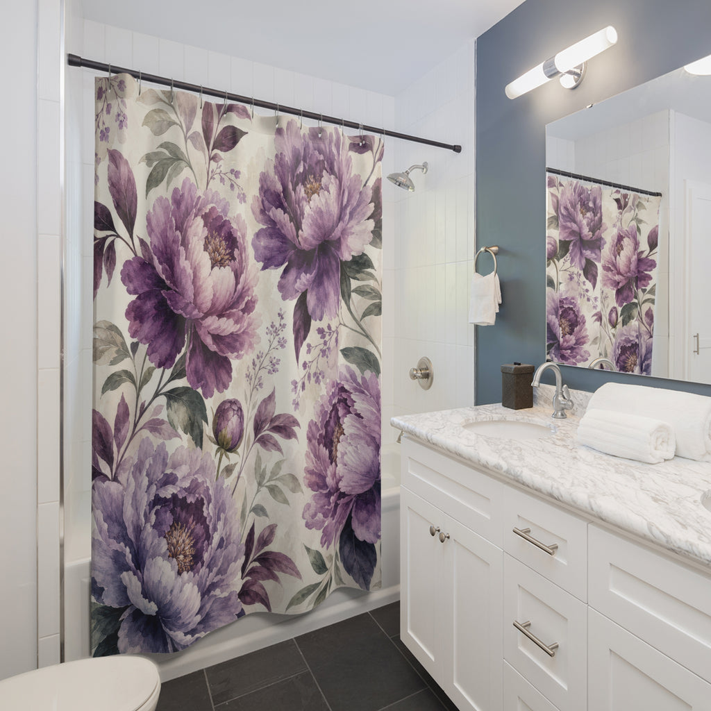 Dark Plum Flower purple floral shower curtain beside a white vanity