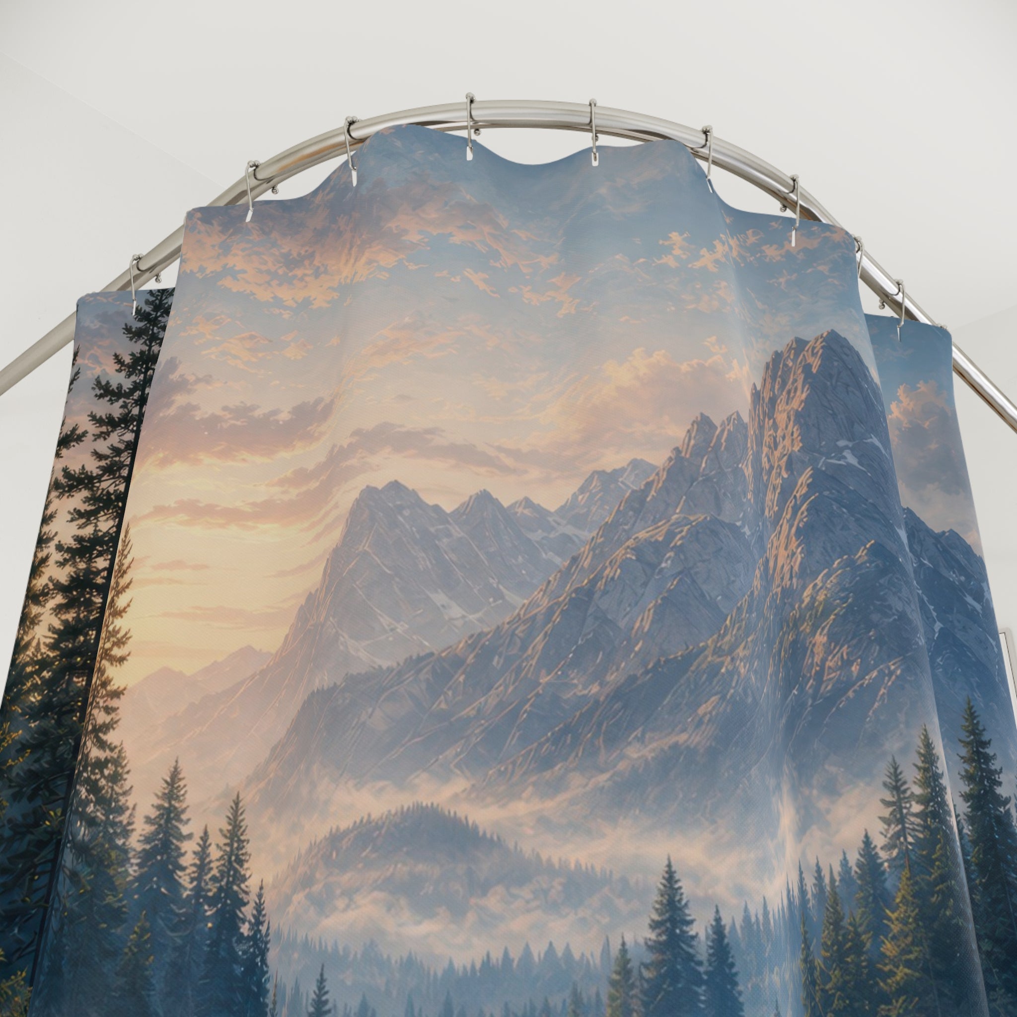 Misty Mountain Lake Dawn Shower Curtain