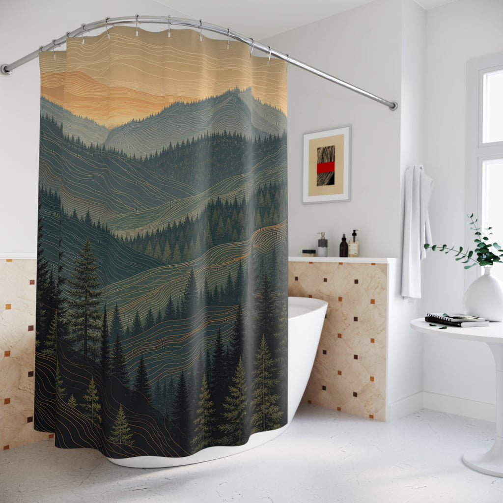 Topographic contour lines across forested mountain ridges shower curtain beside a freestanding tub
