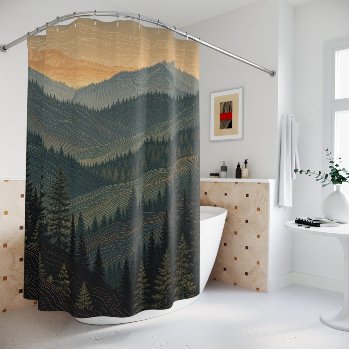 Topographic contour lines across forested mountain ridges shower curtain beside a freestanding tub