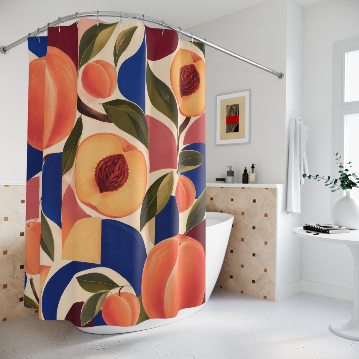 Peaches with cobalt and burgundy geometric arcs shower curtain beside a freestanding tub