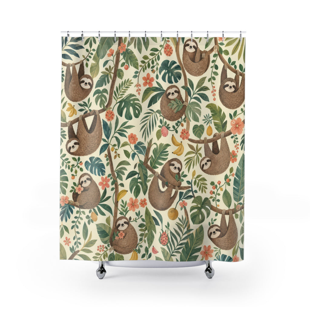 Kids Sloth Shower Curtain, Cute Jungle Animal Pattern, Tropical Leaf Bathroom Decor, Nursery Jungle Wall Decor Guest Bath Wall Gift