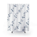 White jasmine flowers on fine navy trailing stems shower curtain with full front view
