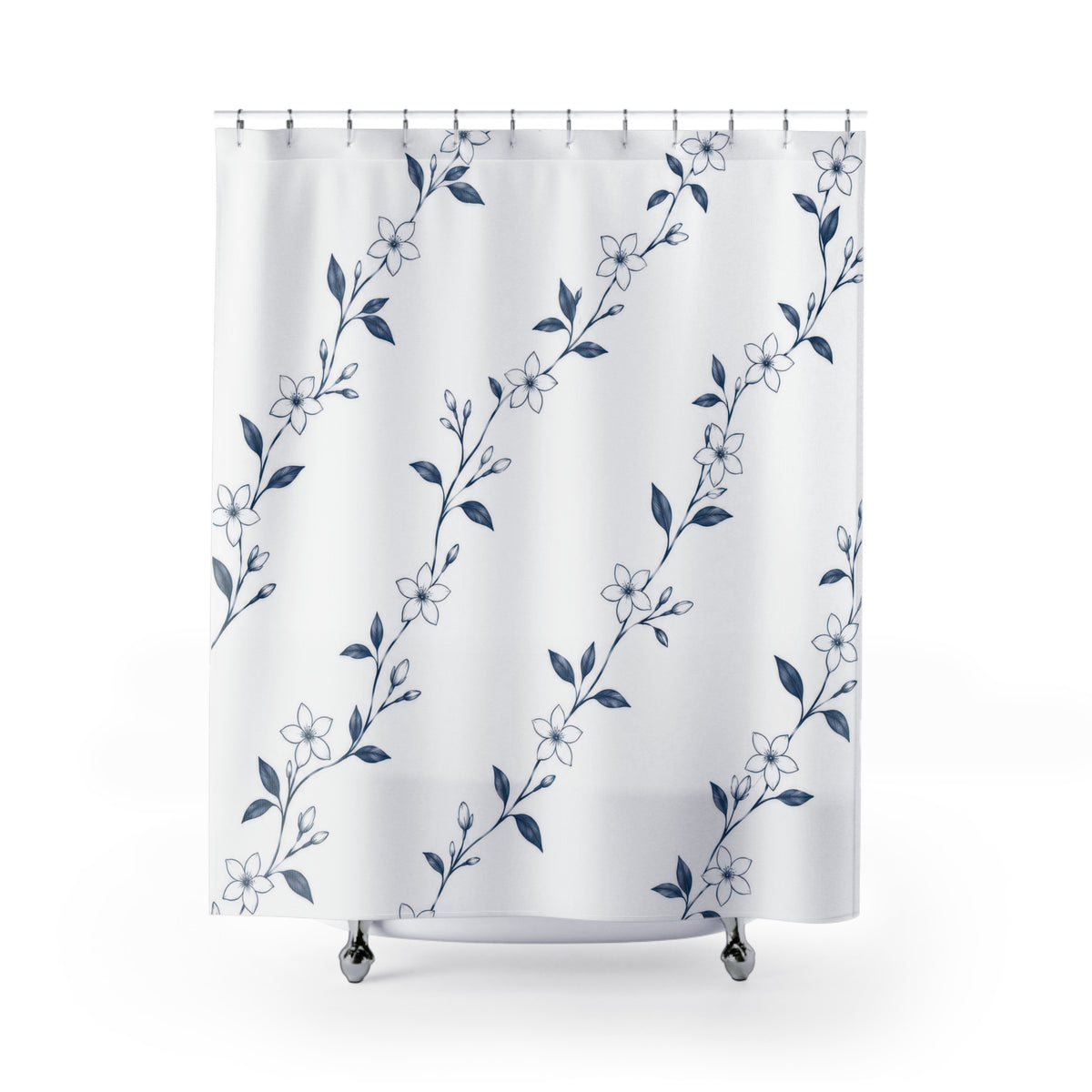 White jasmine flowers on fine navy trailing stems shower curtain with full front view