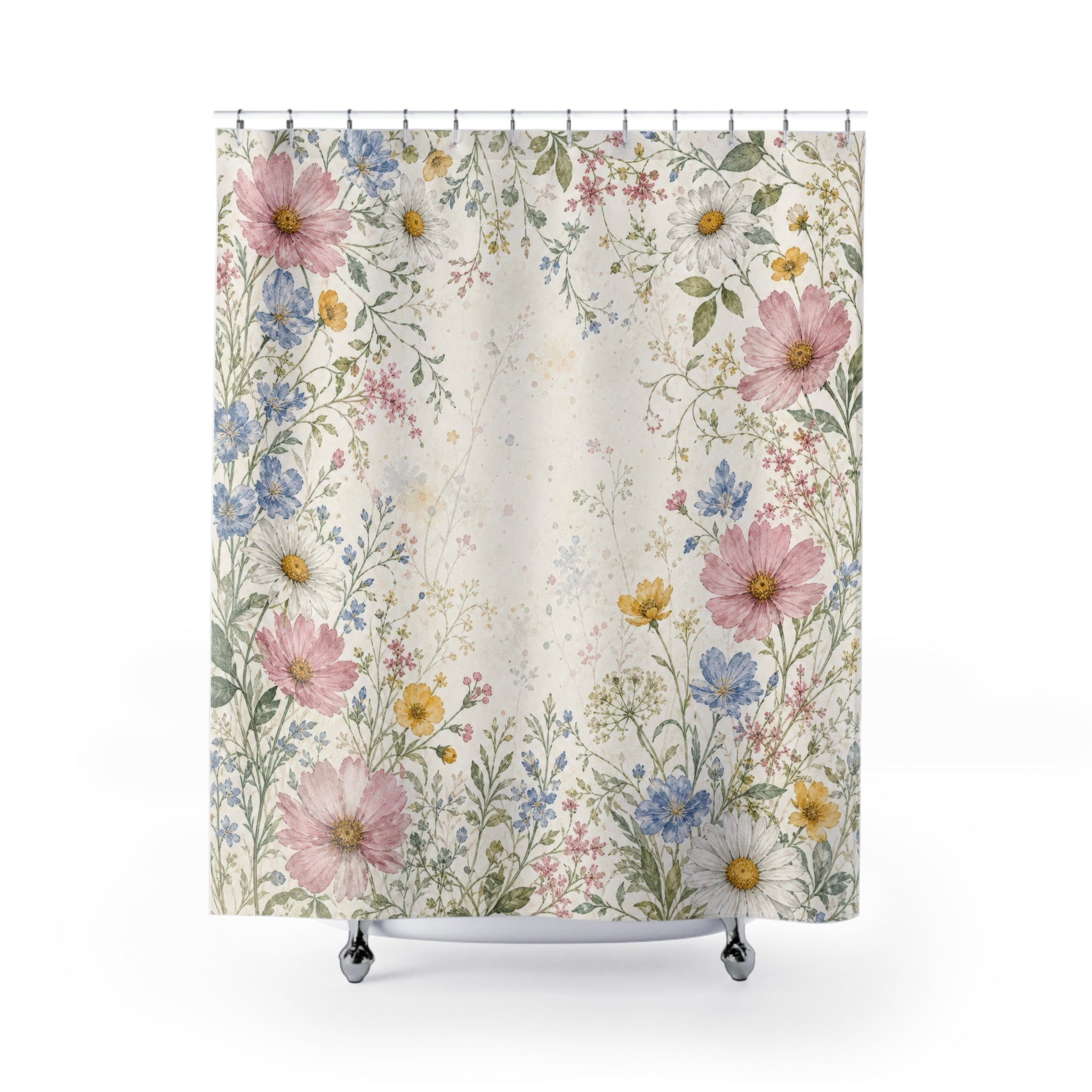 Pink Blue Wildflower Border Shower Curtain