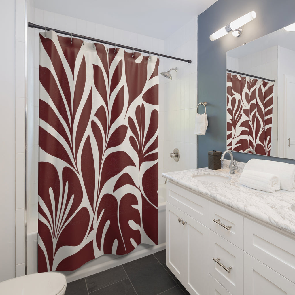 Red Leaf Shower Curtain, Burgundy Tropical Botanical Pattern, Cream White Leaves, Modern Nature Bath Decor, Bold Guest Bathroom Accent
