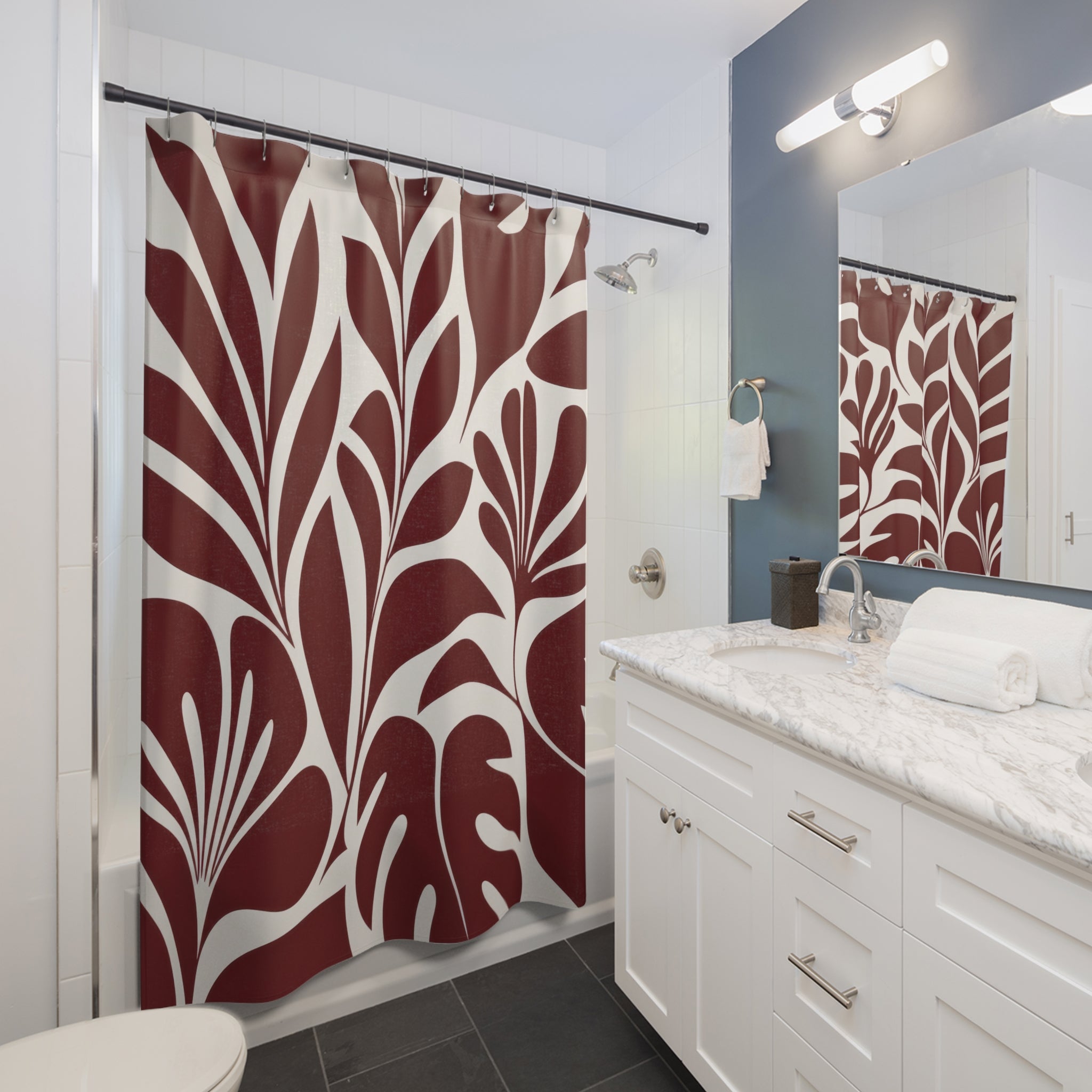 Red Leaf Shower Curtain, Burgundy Tropical Botanical Pattern, Cream White Leaves, Modern Nature Bath Decor, Bold Guest Bathroom Accent