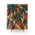 Teal palms over terracotta, ochre and cream color blocks shower curtain with full front view