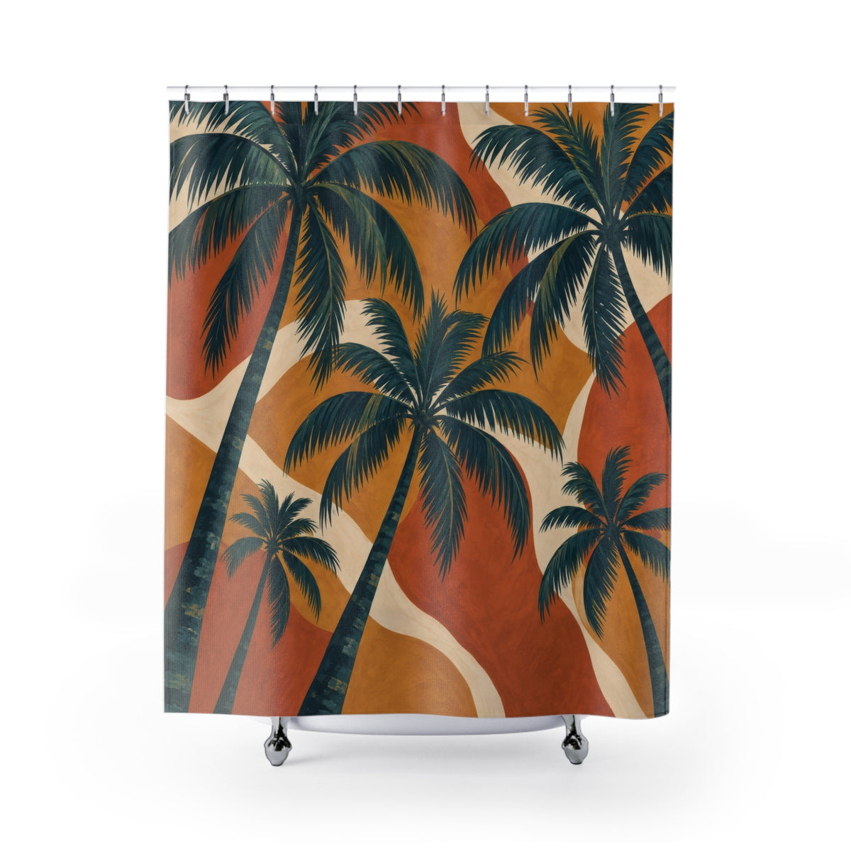Teal palms over terracotta, ochre and cream color blocks shower curtain with full front view