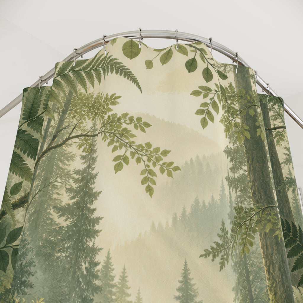 Fern-framed forest clearing with a winding stream shower curtain with close-up print, hooks, and folds