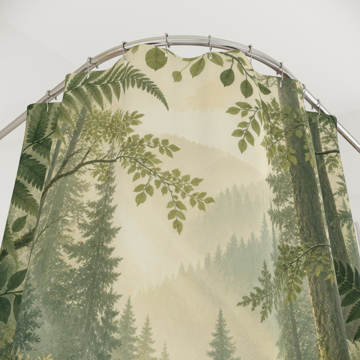 Fern-framed forest clearing with a winding stream shower curtain with close-up print, hooks, and folds