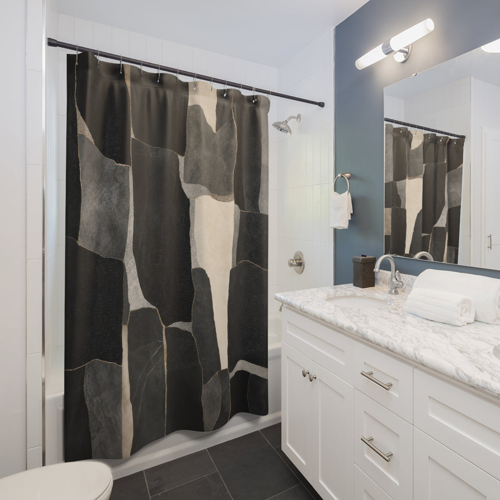 Black Gray Shower Curtain, Modern Patchwork Bath Decor, Charcoal Cream Block Pattern, Modern Abstract Neutral Guest Bathroom Decor Style