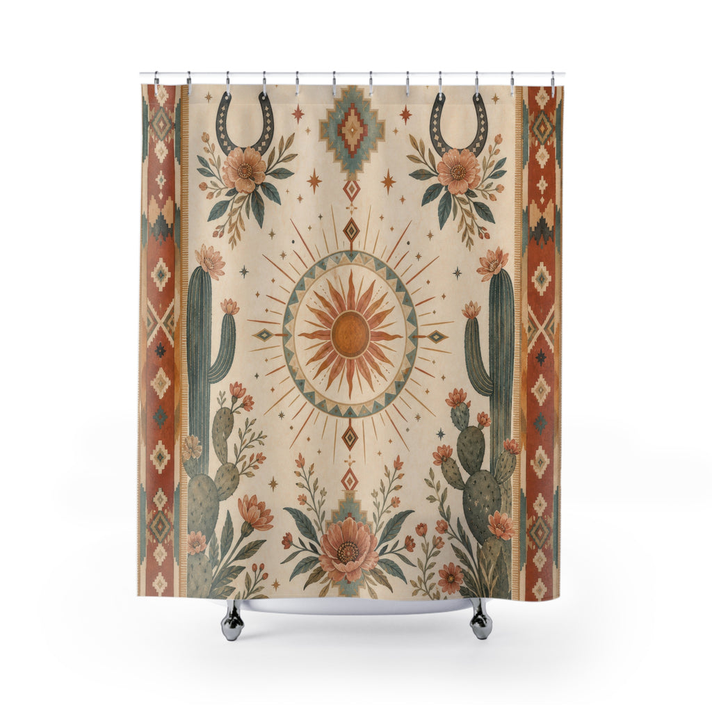 Western Boho Shower Curtain, Desert Floral Bath Decor, Terracotta Turquoise Sunburst Pattern, Rustic Southwestern Guest Bathroom Decor