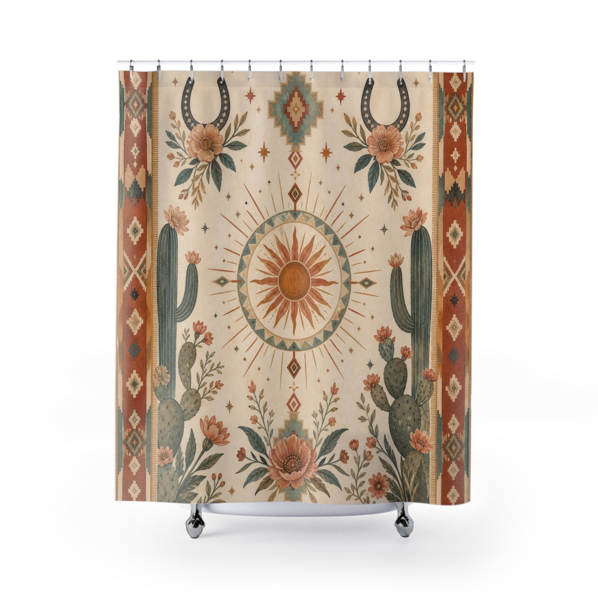 Western Boho Shower Curtain, Desert Floral Bath Decor, Terracotta Turquoise Sunburst Pattern, Rustic Southwestern Guest Bathroom Decor